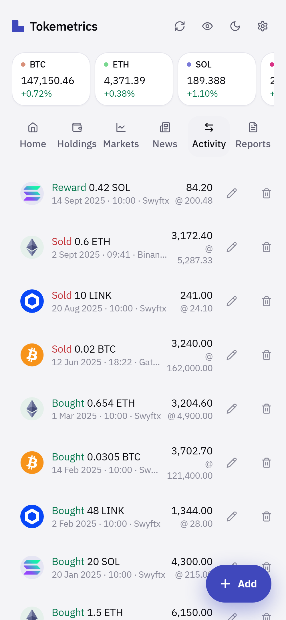 The Activity screen: the list of transactions