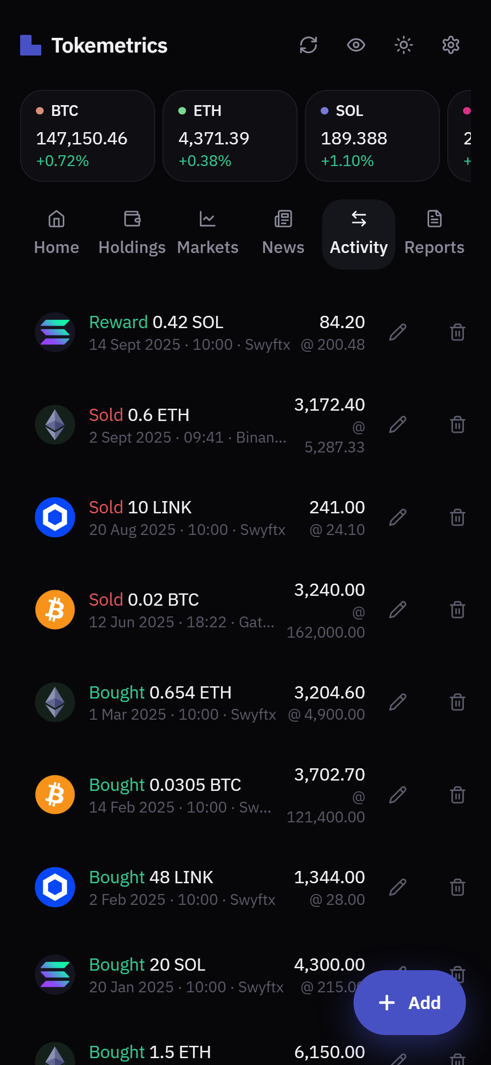 The Activity screen: the list of transactions