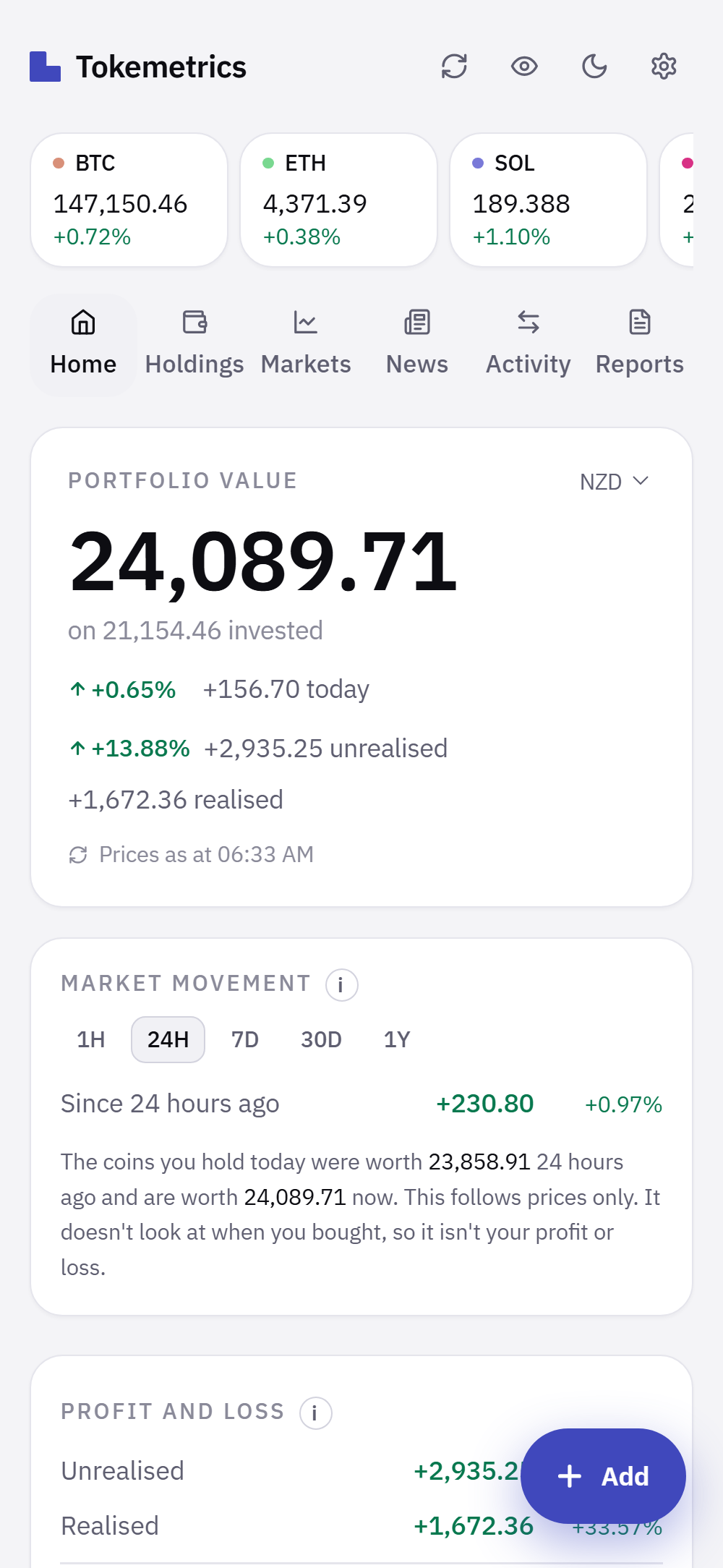 The Tokemetrics app on a phone: the Home screen, showing portfolio value, today's move and profit and loss