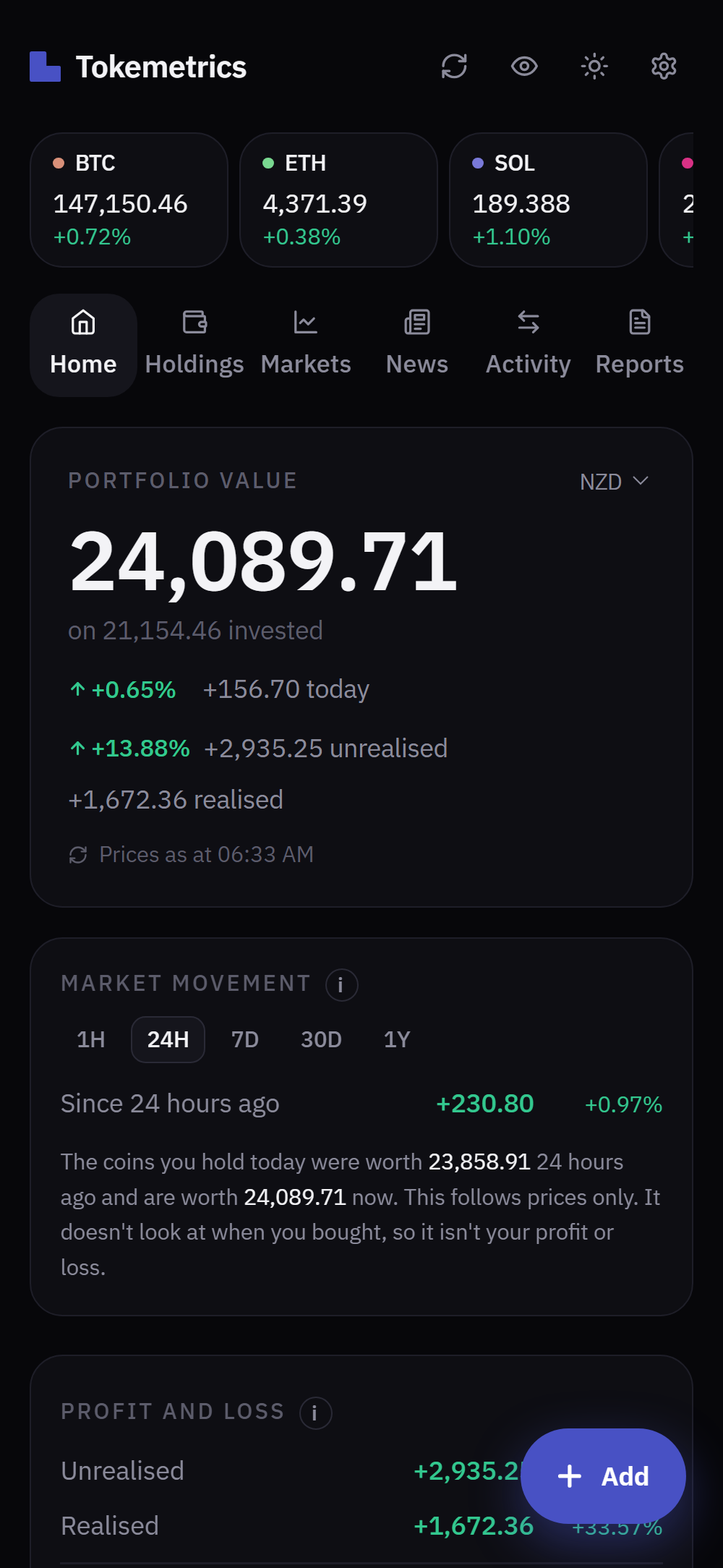 The Tokemetrics app on a phone: the Home screen, showing portfolio value, today's move and profit and loss