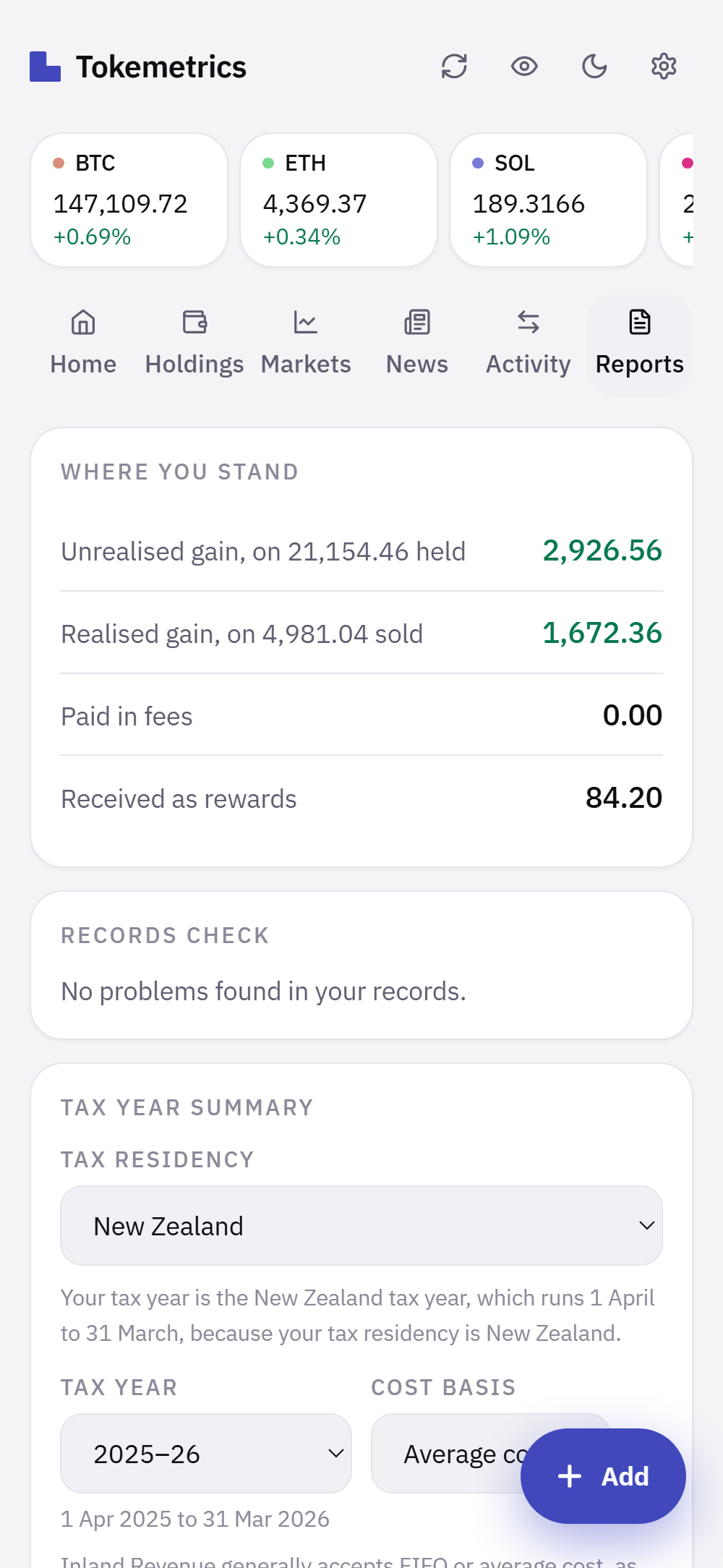 The Reports screen: where you stand and the tax year summary