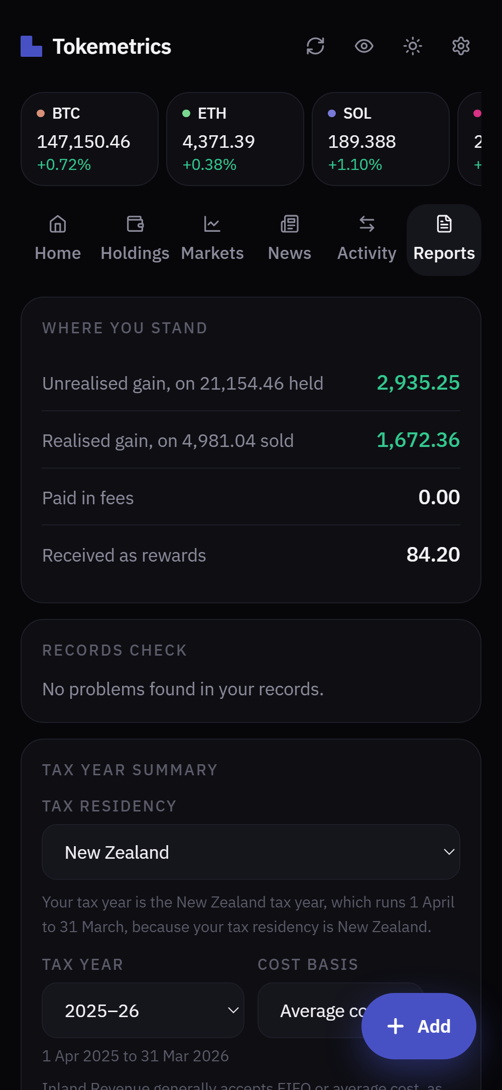 The Reports screen: where you stand and the tax year summary
